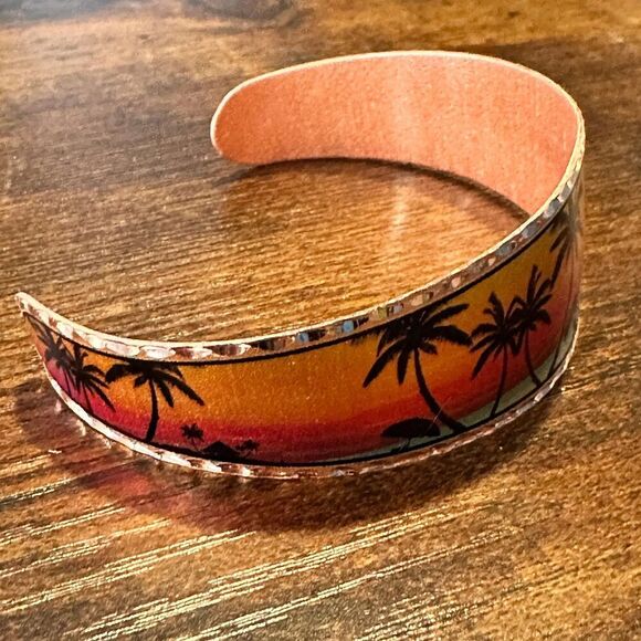 Handmade Boho Tropical Cuff Bracelet, Florida Tropical Palm Wide Cuff Bracelet, - Picture 4 of 9